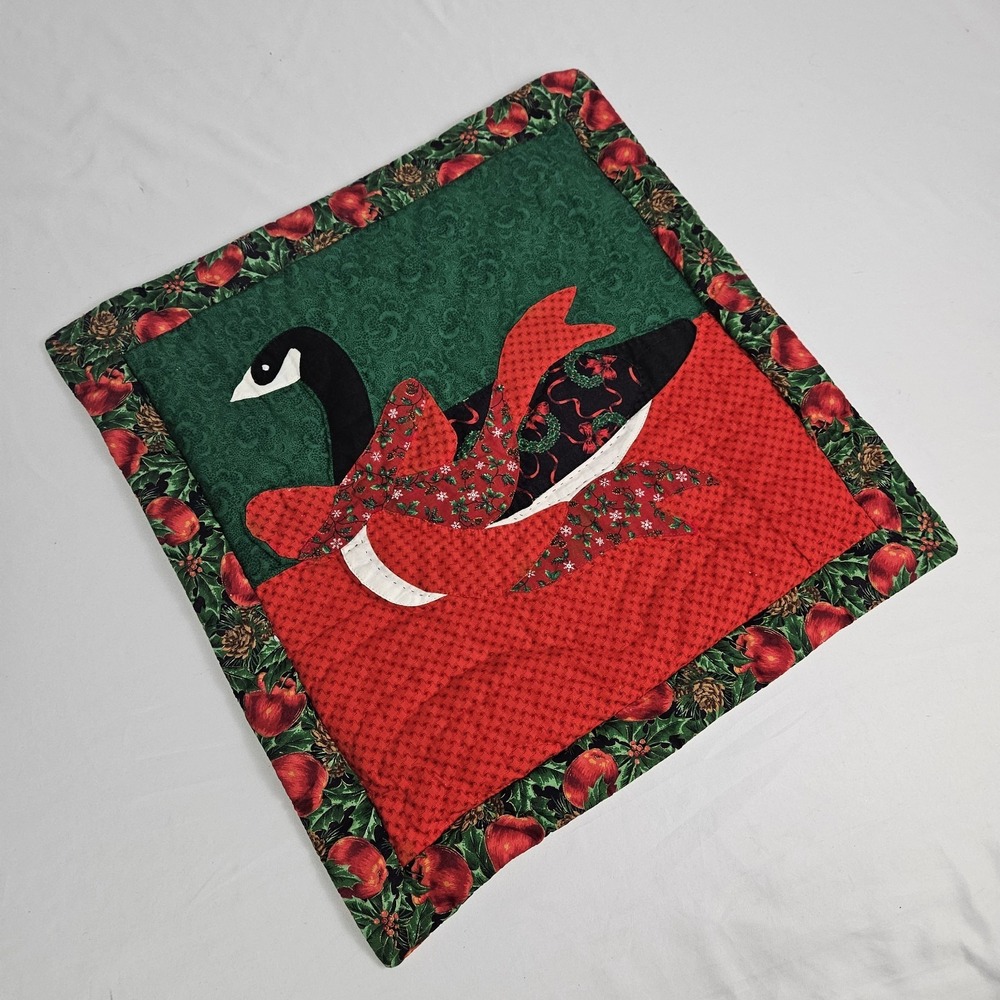 Vintage Christmas Goose Quilted Square Pillow Cover Farmhouse Grandmacore Geese